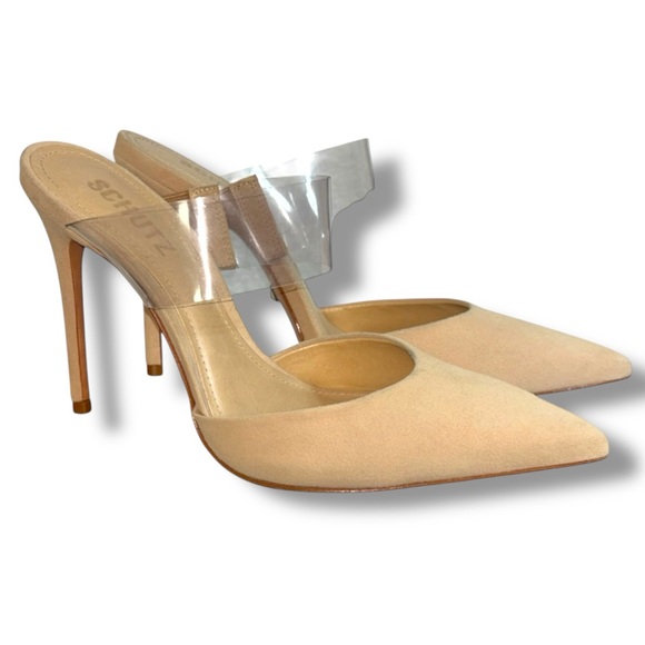 Schutz Sionne Clear Strap Suede Pointed Toe Stiletto Mule Tan 7.5 - Picture 11 of 11